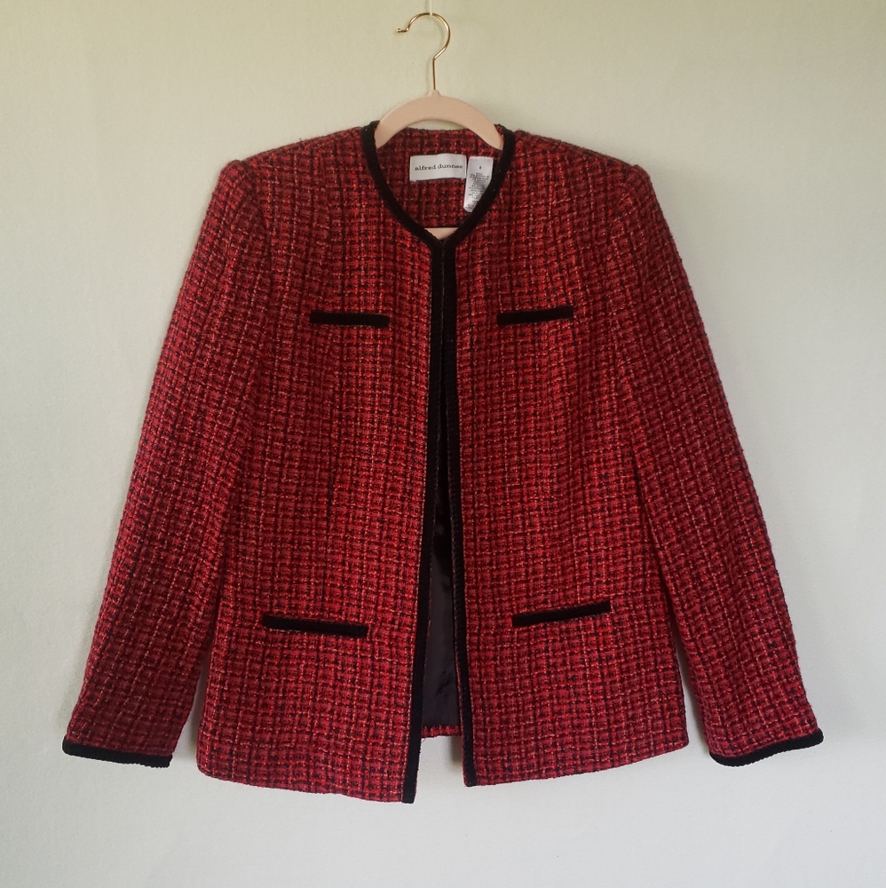 Alfred Dunner Red Tweed Blazer, Pockets, Fully Lined, Long Sleeve, Black Trim